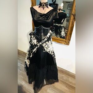 Curated Gypsy Halloween costume: witchy maxi dress, floral scarf, corset belt
